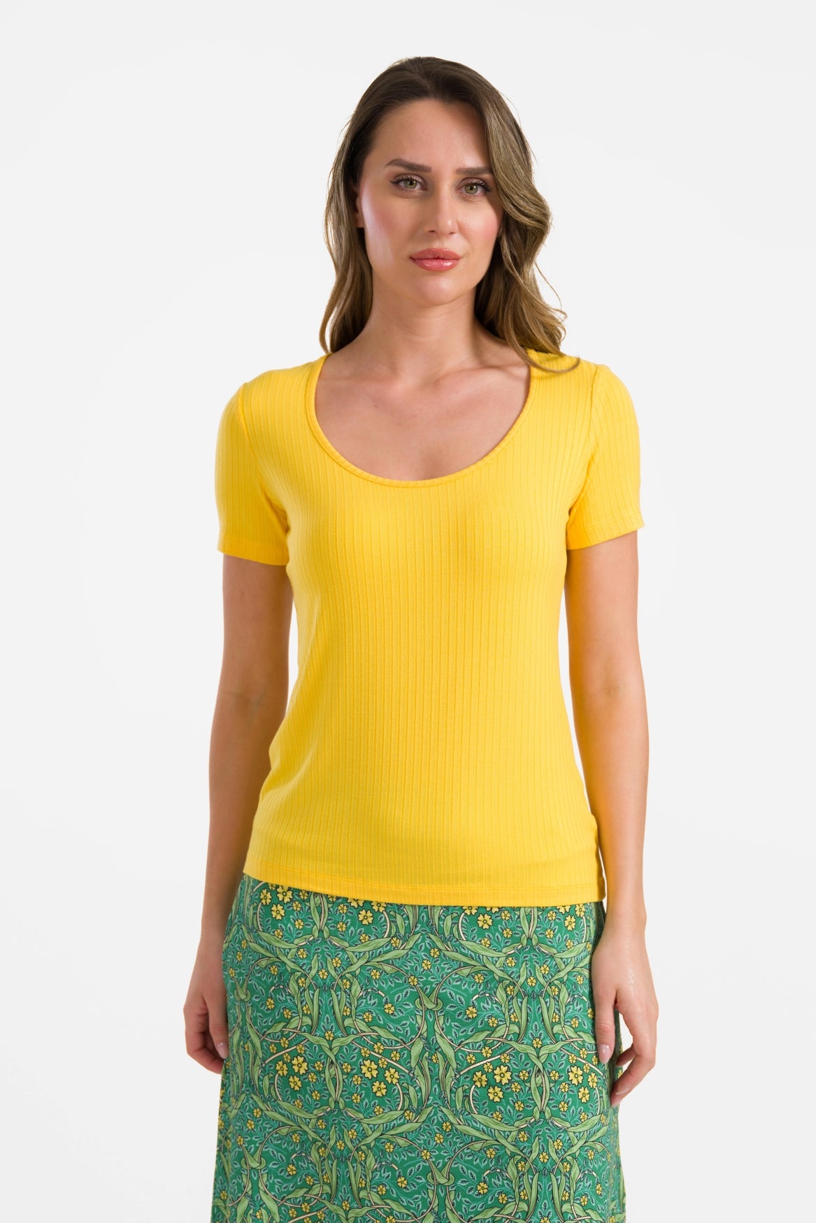 Ella T-shirt met korte mouwen | Geel ribstof