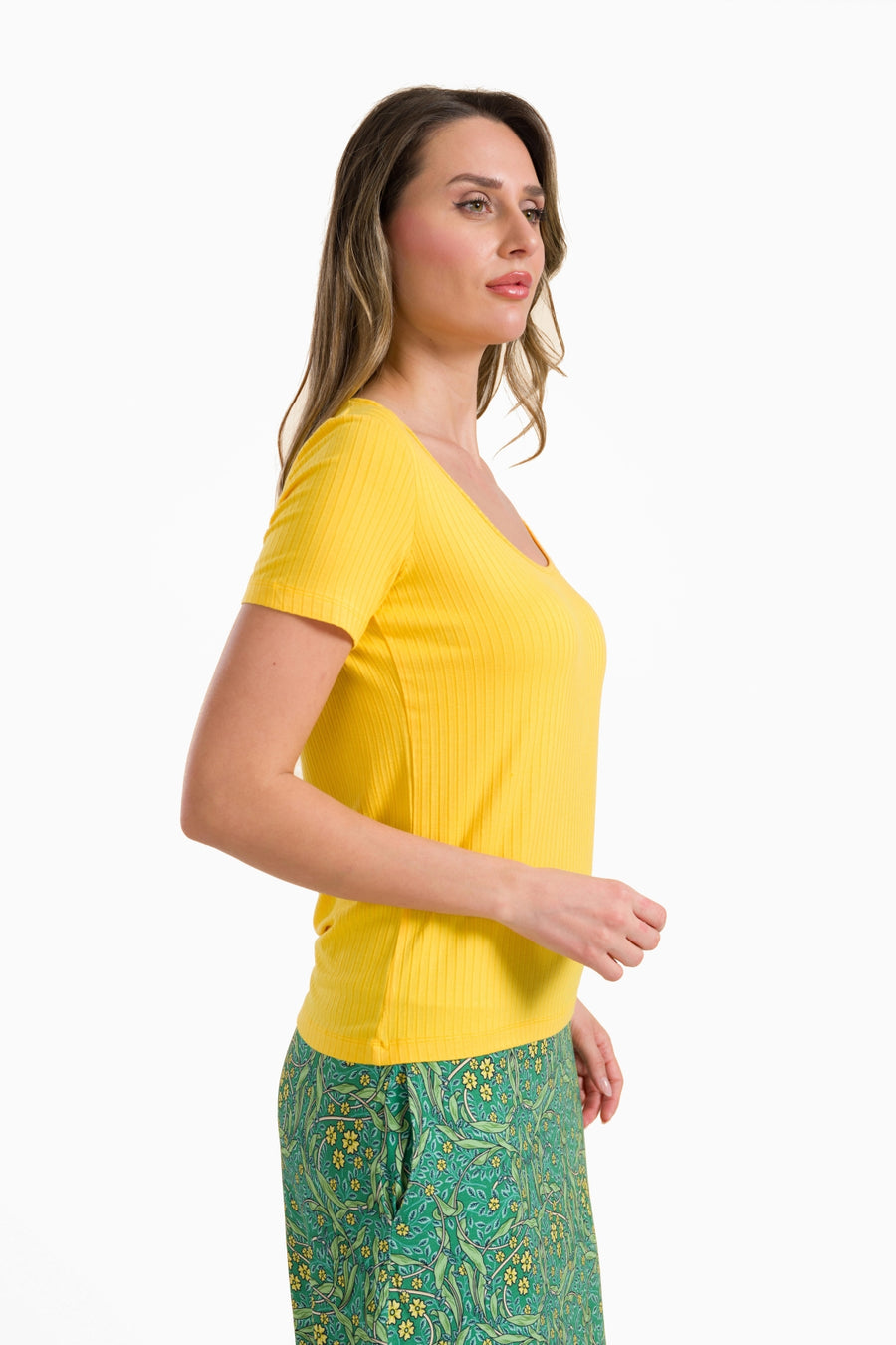 Ella T-shirt met korte mouwen | Geel ribstof
