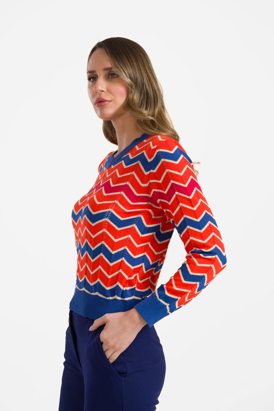 Knitted sweater V-neck long sleeve | Coral