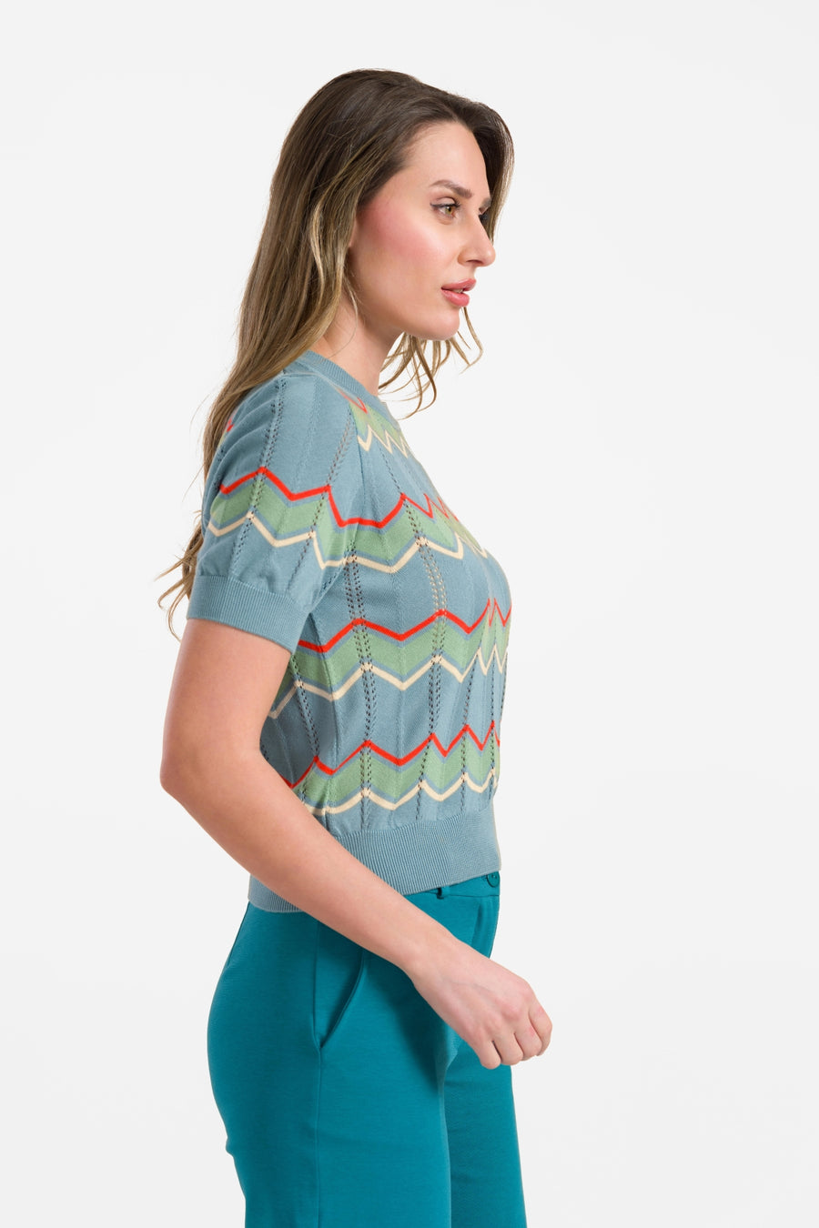 Gebreide trui met ronde hals en korte mouwen | Turquoise