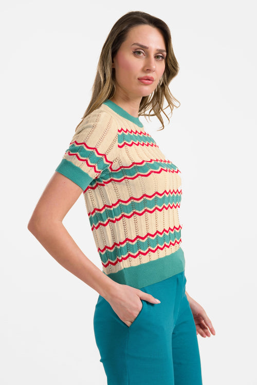 Knitted sweater round neck short sleeve | Cream