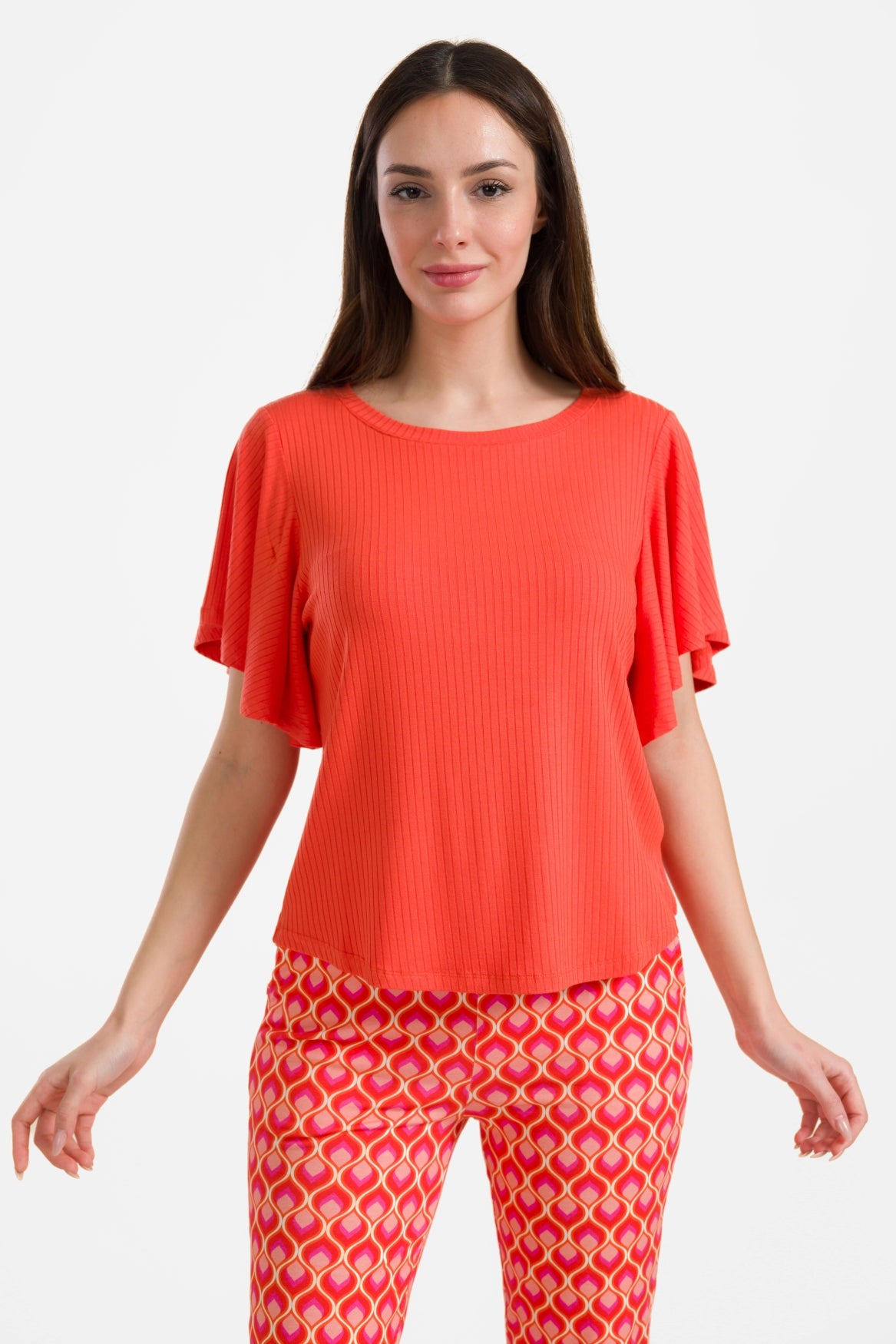 Sophie top met korte vlindermouwen | Rib Oranje Rood