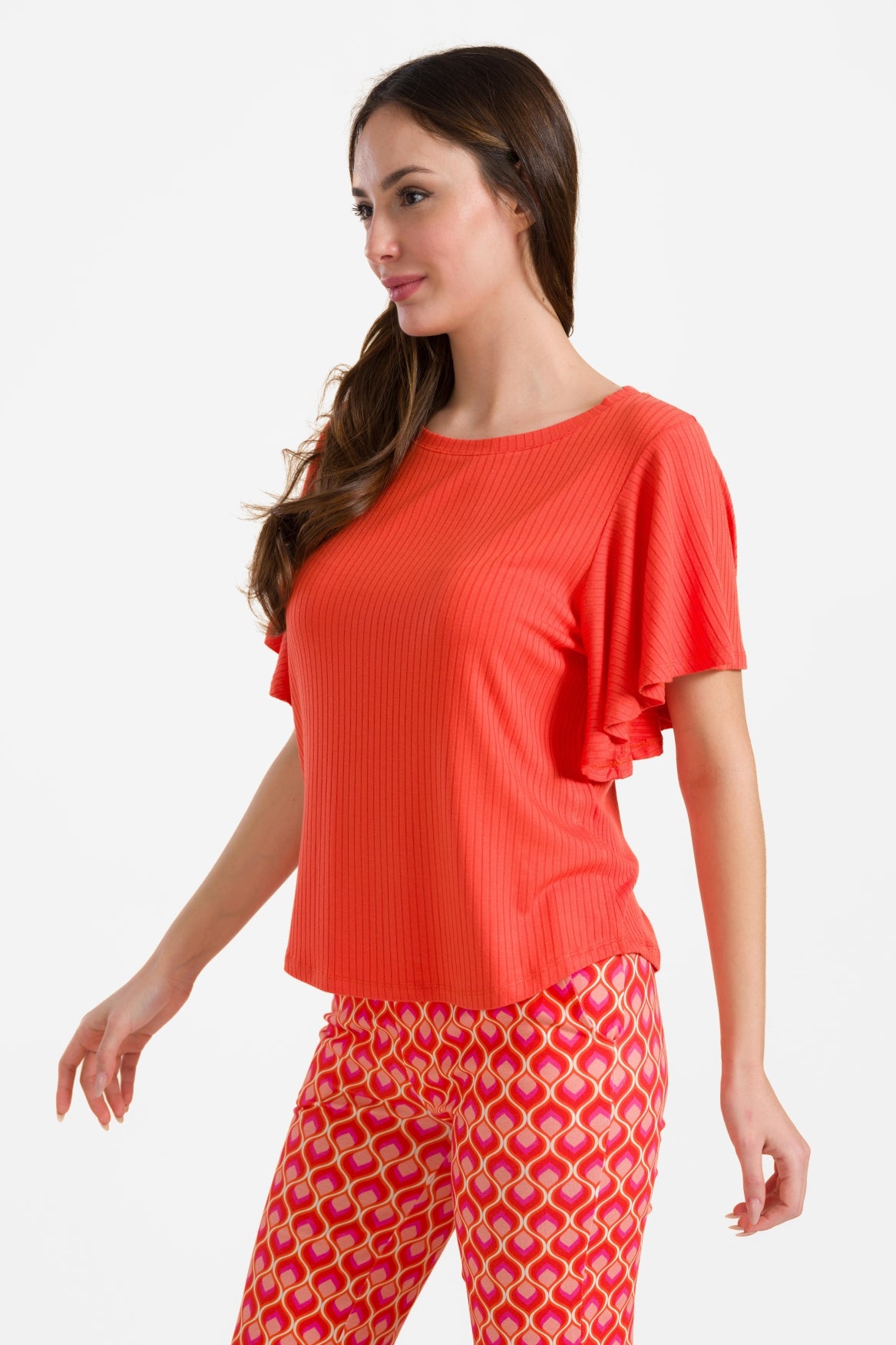 Sophie top met korte vlindermouwen | Rib Oranje Rood