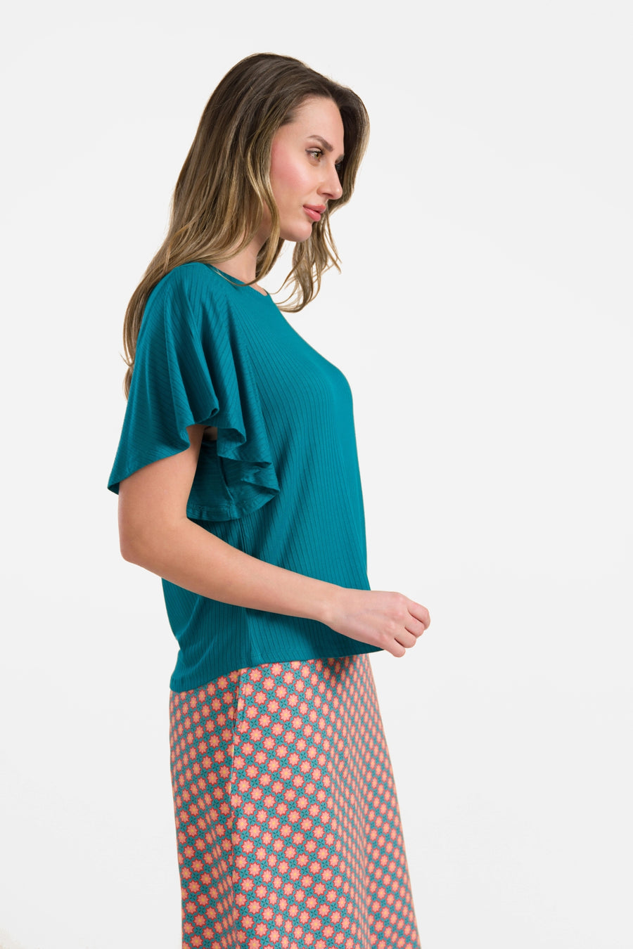 Sophie top short butterfly sleeve | Rib Petrol Blue