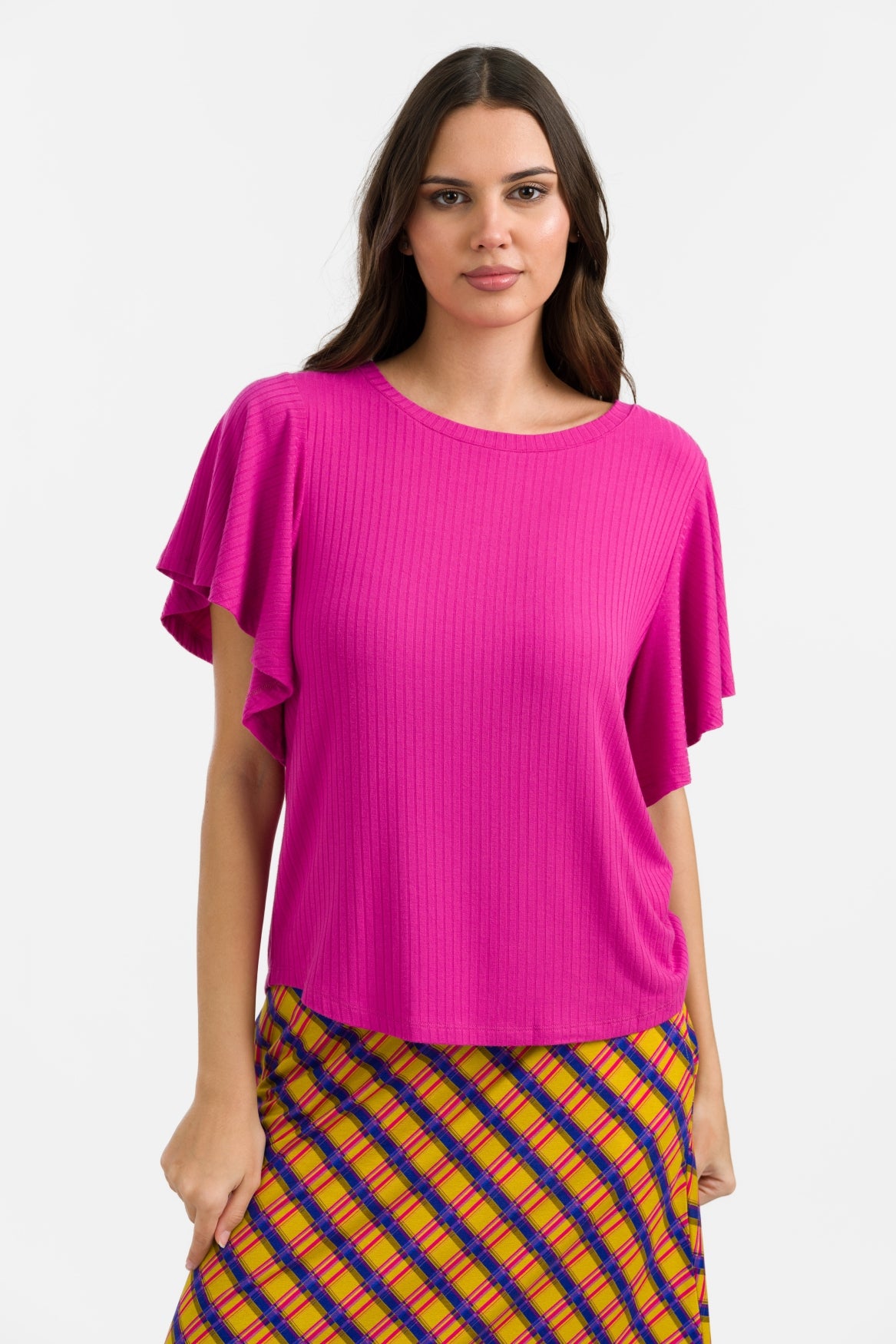 Sophie Top mit kurzen Schmetterlingsärmeln | Gerippt, Fuchsia