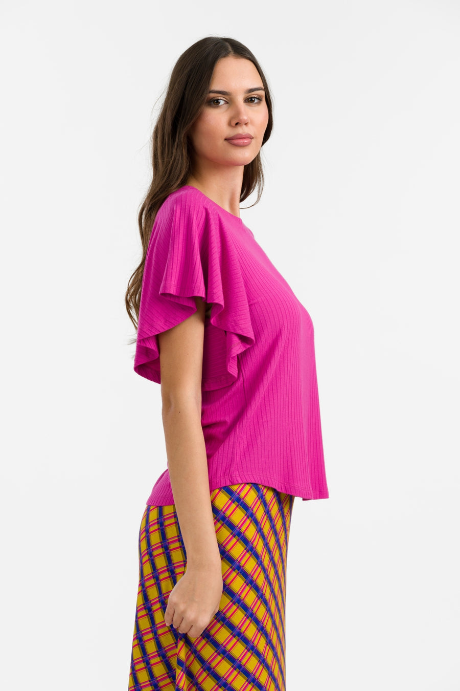 Sophie Top mit kurzen Schmetterlingsärmeln | Gerippt, Fuchsia