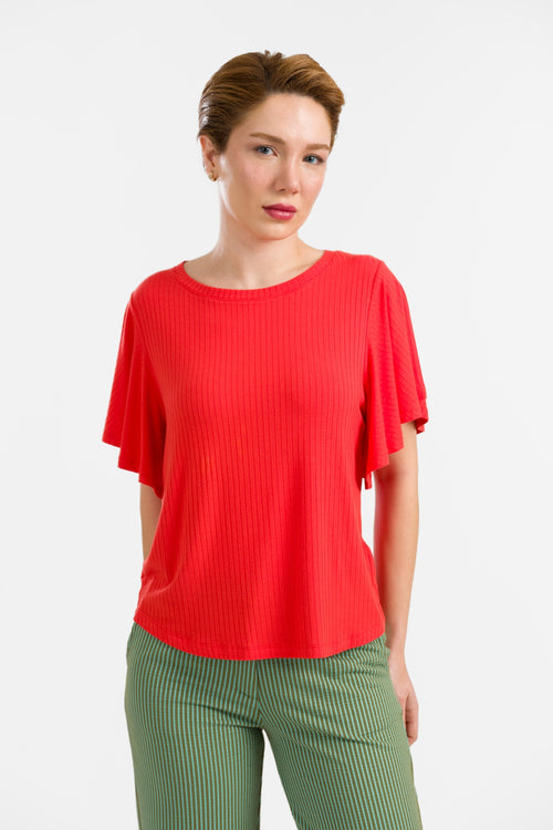 Sophie Top mit kurzen Schmetterlingsärmeln | Gerippt, Rot