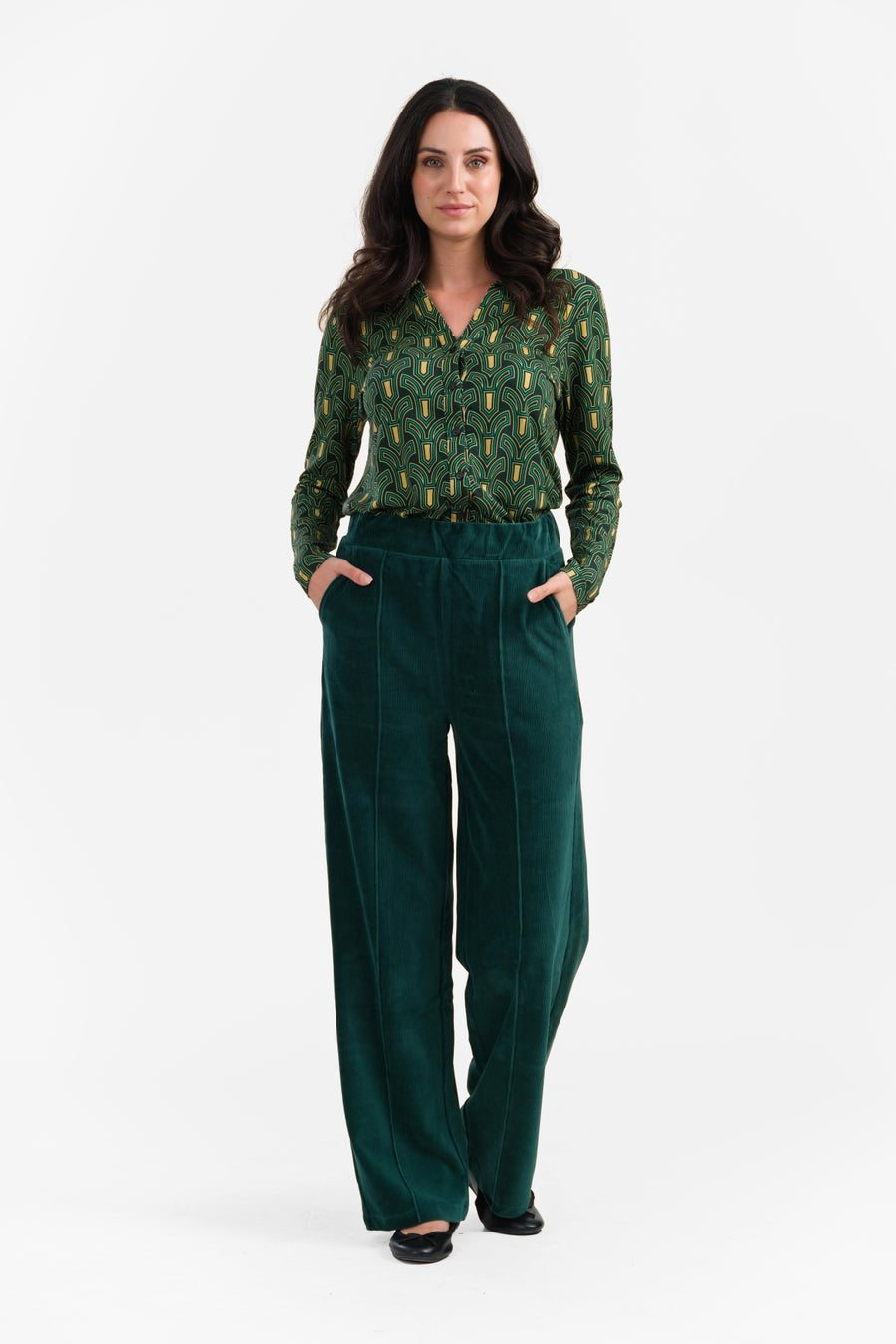 Hailey Trousers | Rib Velour Plain Rain Forest