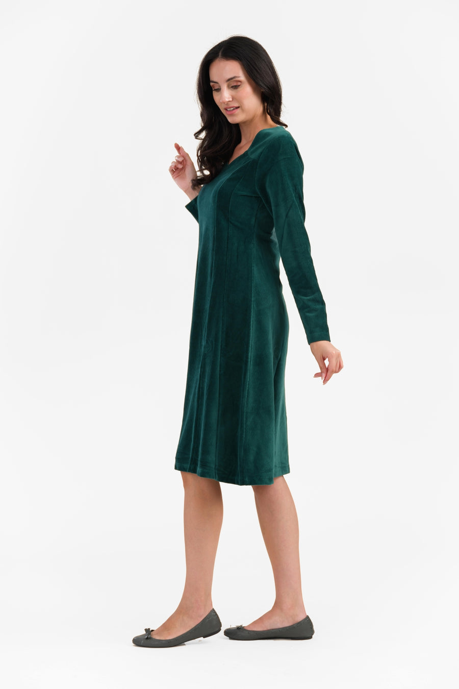 Sandra Dress | Rib Velour Plain Rain Forest